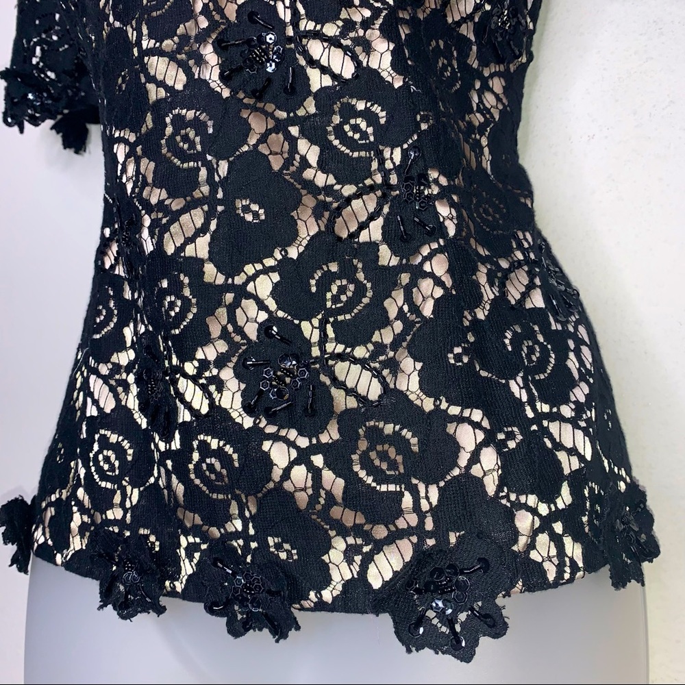 JS Boutique Beaded Floral Lace Black Overlay Tan Nude Illusion Top 8 Evening - Picture 4 of 14